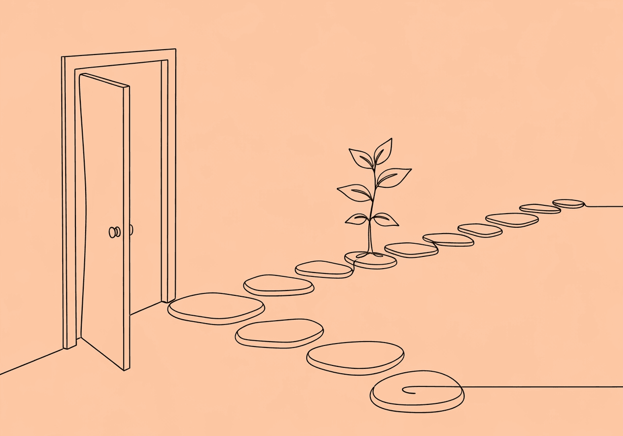 Master Documenting Behavior Cusps and Pivotal Behaviors Minimalist line art on a pastel peach background shows a doorway leading to stepping stones and a sprouting sapling, creatively illustrating Behavior Cusps and Pivotal Behaviors documentation as the journey to new skills and audit-proof progress.