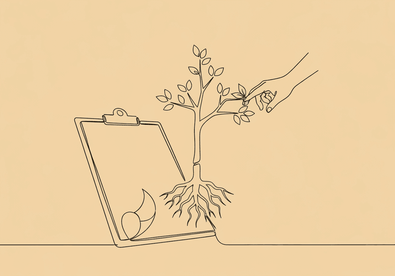Documenting Clinical Modifications in ABA: BCBA Guide Minimalist line art of a clipboard turning into a branching sapling with exposed roots, visually symbolizing documenting clinical modifications in ABA therapy when progress plateaus. The image emphasizes careful, data-driven change.