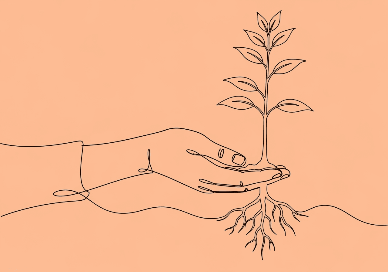 Documenting Prompt Dependency: 7 Key Steps for BCBAs Minimalist line art on pastel peach background showing a supportive hand nurturing a sapling, symbolizing documenting prompt dependency in ABA and the balance between guidance and fostering client independence.