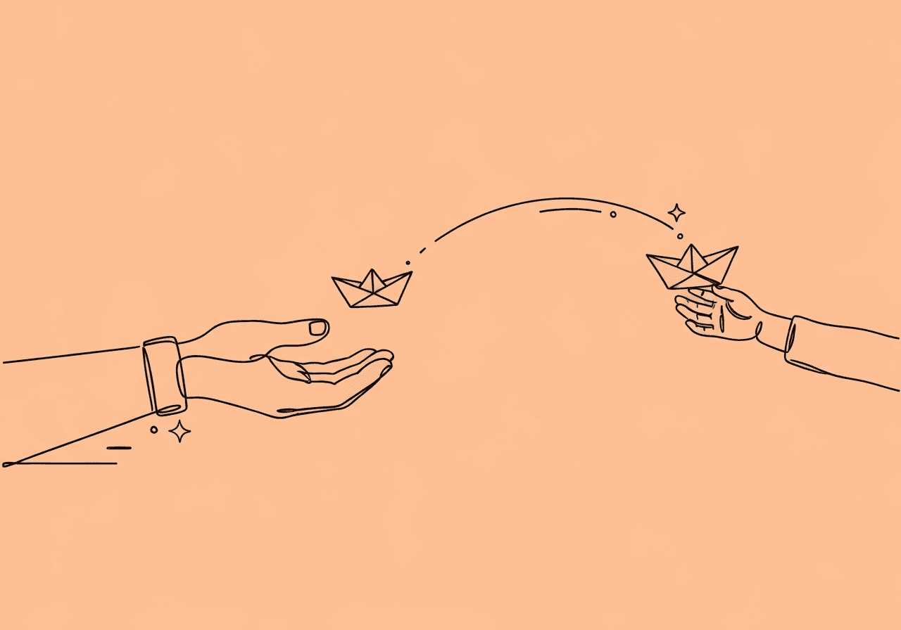 DRA for Parents Step-by-Step: Positive Behavior Support Minimalist line art of an adult hand releasing a paper boat, caught by a child's hand, visually representing DRA for parents step-by-step as positive behavior change is encouraged at home.