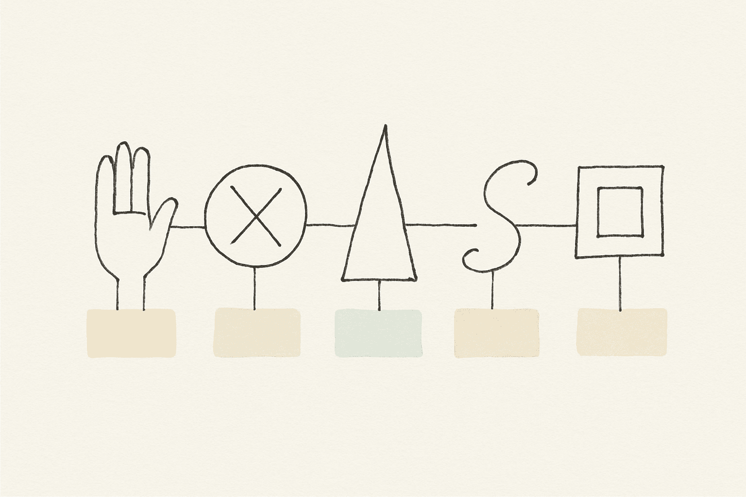 DRA vs DRI vs DRO vs DRL: The Clear RBT Comparison Guide Minimal line illustration of five unique abstract shapes in a row, interconnected by sketchy lines and pastel color blocks, symbolizing comparison of reinforcement strategies.