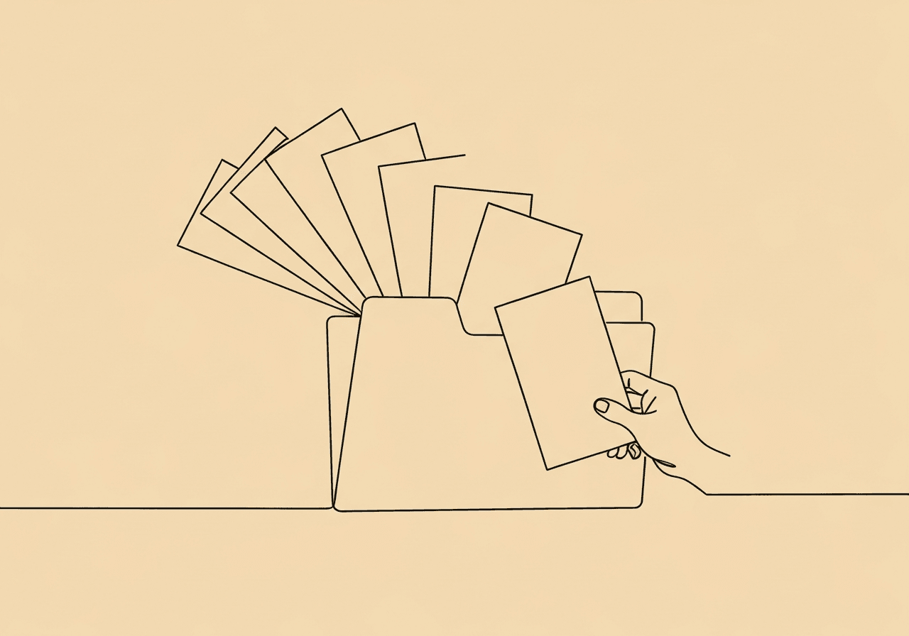 EHR Integrity Documentation ABA: 8 Steps to Compliance Minimalist line art of a hand placing a paper into a folder with eight arching sheets, illustrating EHR integrity documentation ABA concepts such as systematic record-keeping and compliance in a clear, approachable way.