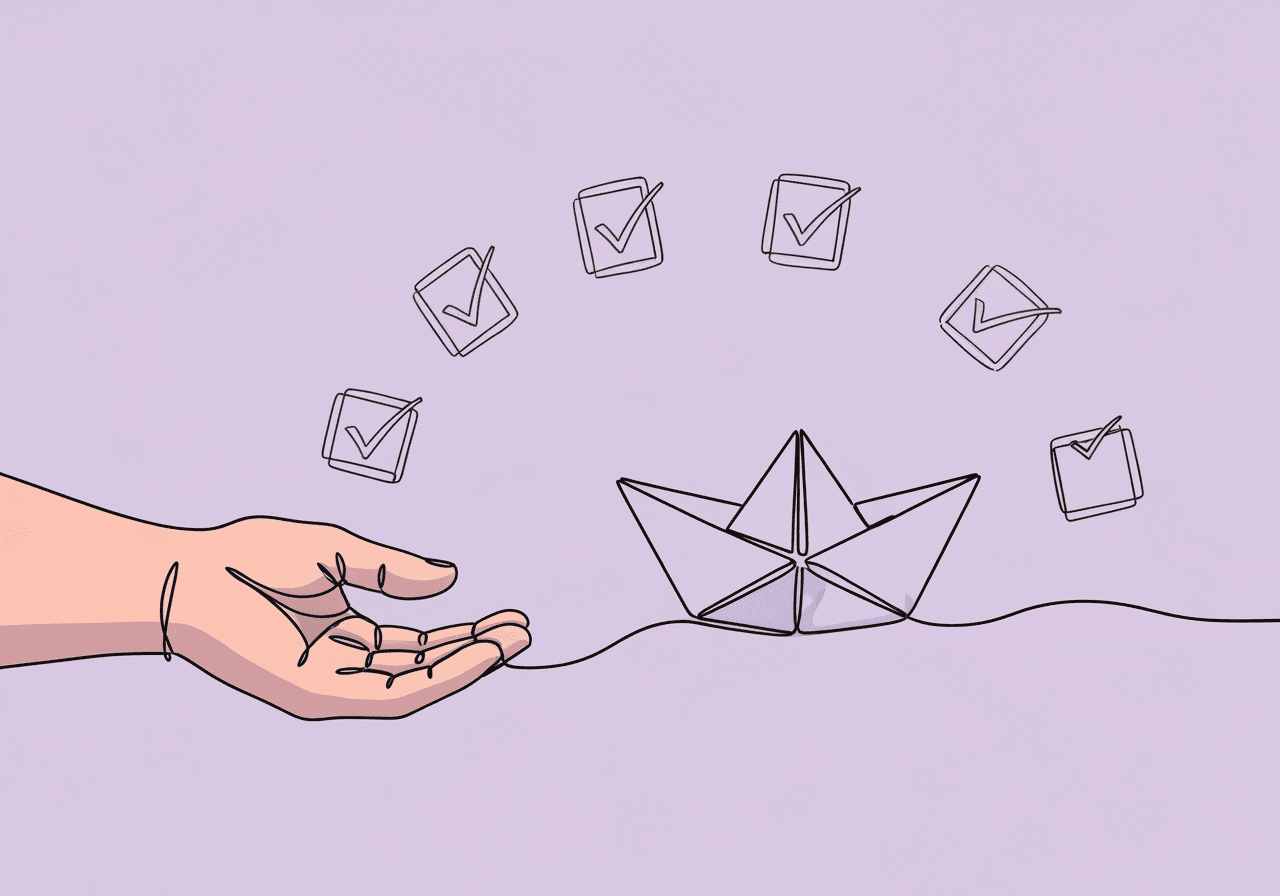 Essential Crisis Documentation for ABA Parents Minimalist line art showing a parent’s hand supporting a paper boat with five floating checkboxes, visually representing crisis documentation for parents ABA in a calm, supportive way.