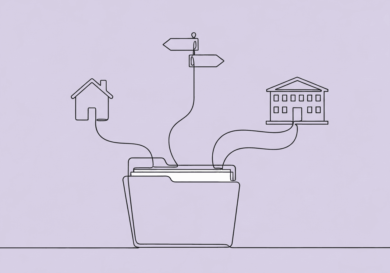 Essential ABA Setting Justification Documentation for BCBAs Minimalist line art on pastel lavender illustrates ABA setting justification documentation with a folder branching to a house, clinic, and signpost, reflecting the process of documenting treatment environment decisions in behavioral therapy.