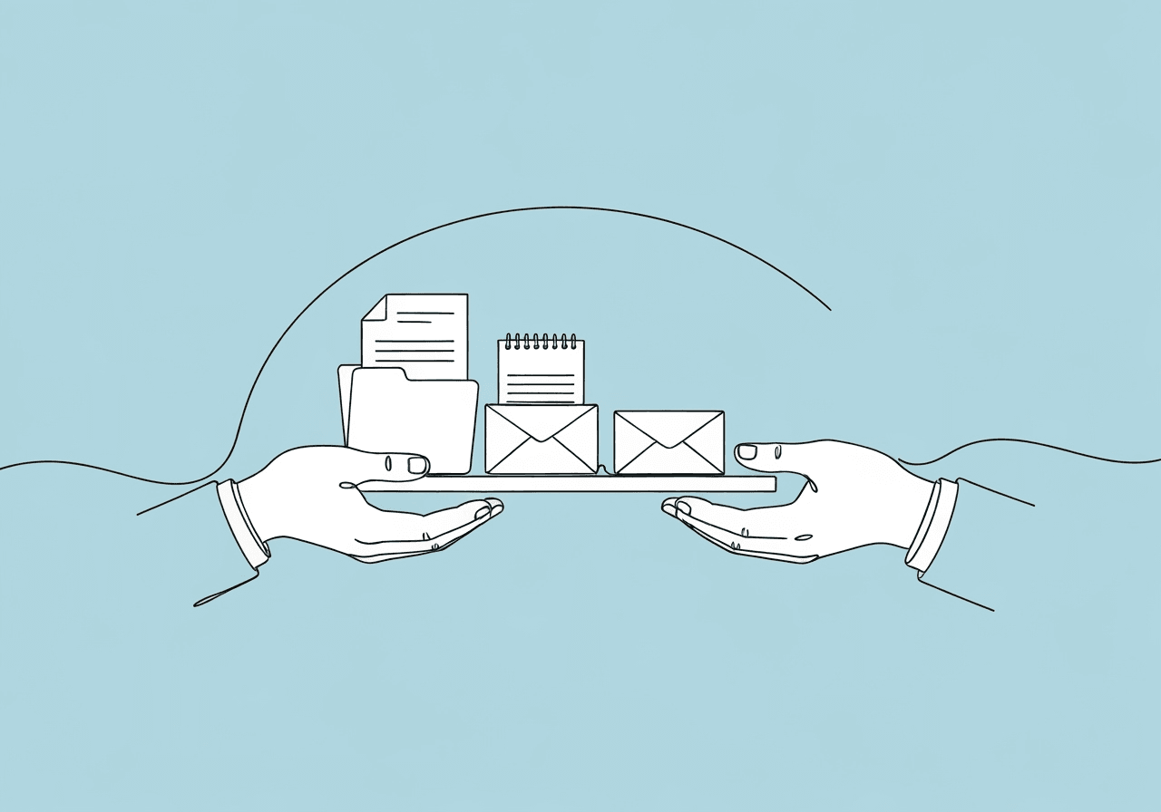 Switching ABA Providers: Essential Documents Minimalist line art illustration showing a transition between ABA providers, with documents being passed along a curved shelf from one hand to another, representing switching ABA providers documents for a smooth provider change.