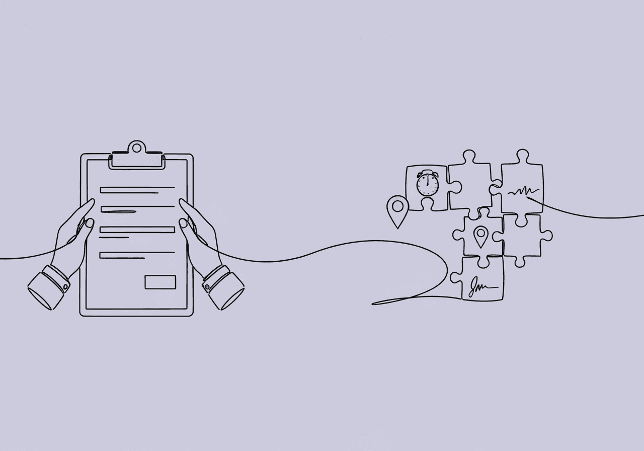 Essential EHR Features for ABA Compliance Checklist Minimalist line art illustration on pastel lavender background depicting EHR features for compliance: hands holding a clipboard that transitions into a winding path of assembling puzzle pieces representing time, location, and signatures, symbolizing structured, audit-ready ABA documentation.