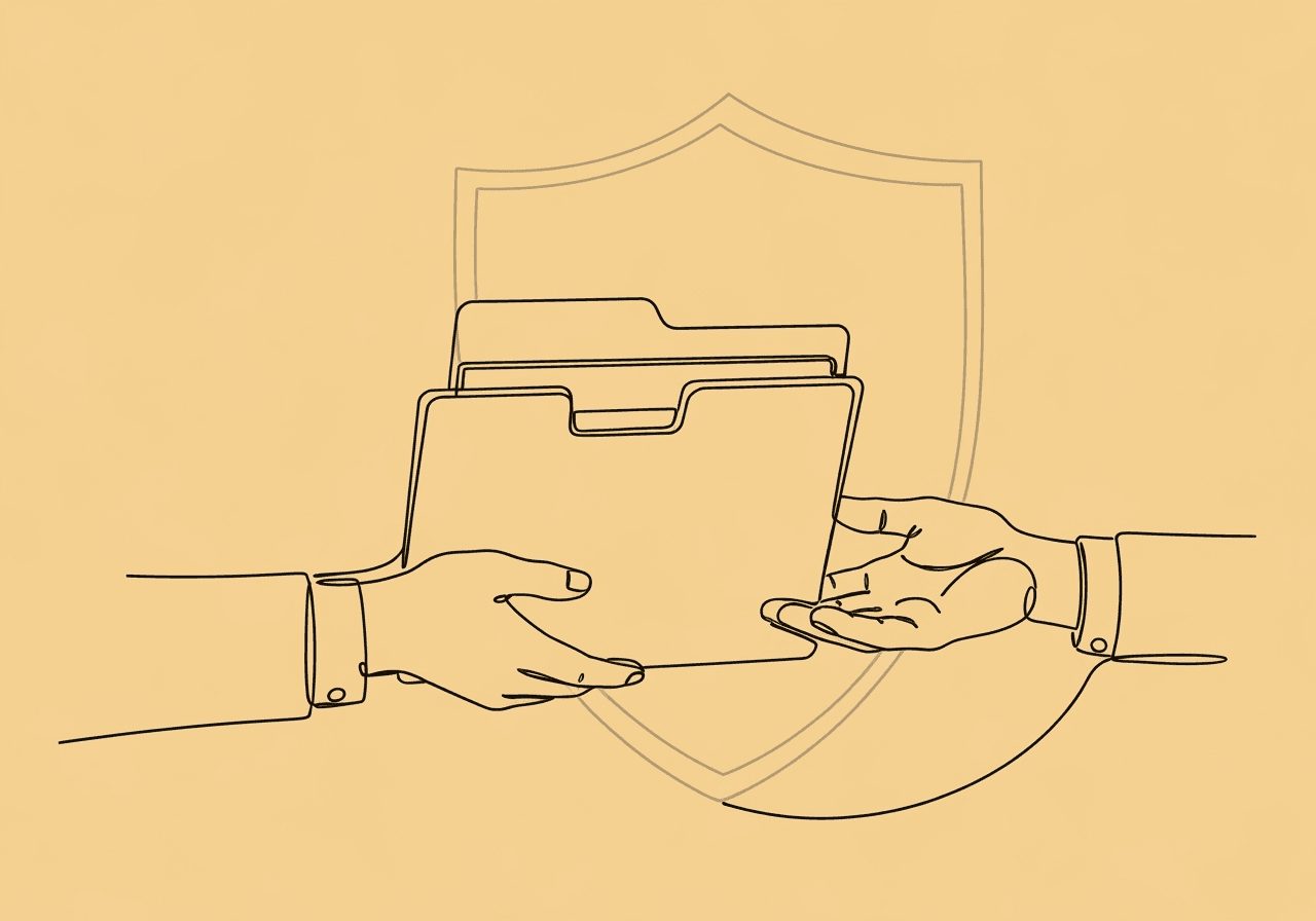 Essential HIPAA Record Release Documentation for BCBAs Minimalist line art showing hands transferring a secure folder inside a protective shield, symbolizing HIPAA record release documentation, security, and ethical care in BCBA compliance.