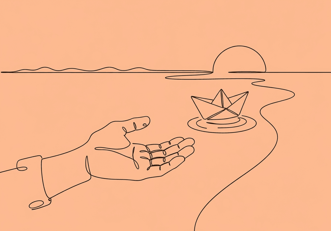 ABA Ethical Service Fading Documentation Guide for BCBAs Minimalist line art shows a hand releasing a paper boat along a river, symbolizing ABA ethical service fading documentation and the transition to client independence. The image communicates responsible planning and purposeful progress.