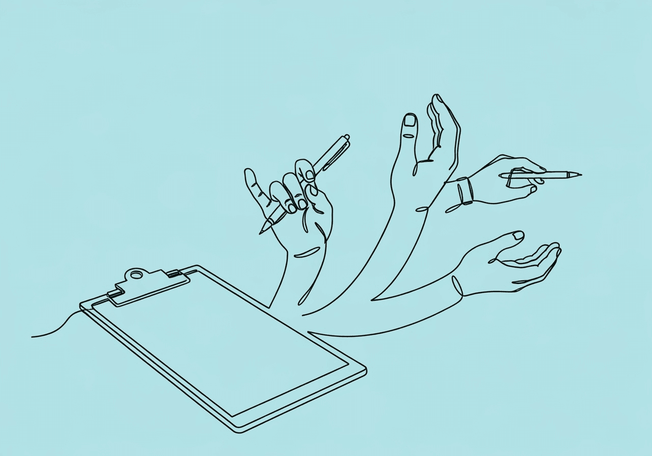 Avoid RBT Data Integrity Mistakes: Ethical Guide Minimalist line art depicts a clipboard and four expressive hands illustrating common RBT data integrity mistakes, visually communicating the importance of honest ABA documentation and avoiding errors in RBT data integrity mistakes.
