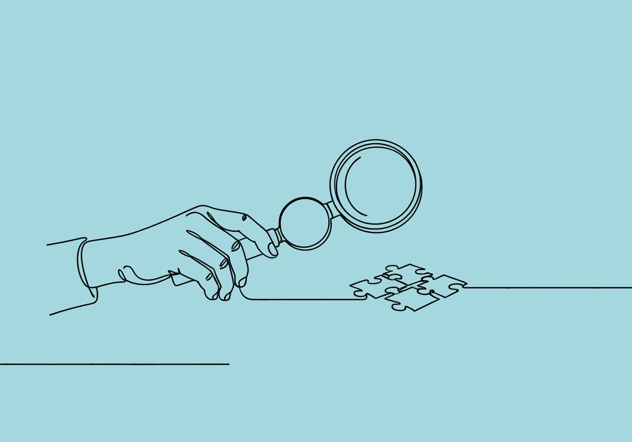 Guide to Evaluating ABA Treatment Quality for Parents Minimalist line art of a parent’s hand using a magnifying glass to examine puzzle pieces, representing evaluating ABA treatment quality for parents and highlighting attention to detail and care in therapy choices.