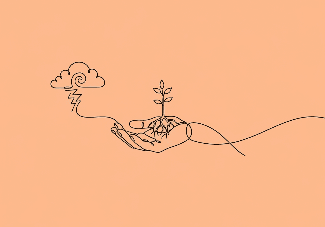 Extinction Burst Management for Parents: 5-Step Guide Minimalist line art shows a storm cloud transforming into a steady parental hand holding a young sapling, illustrating extinction burst management for parents and the journey from crisis to calm.