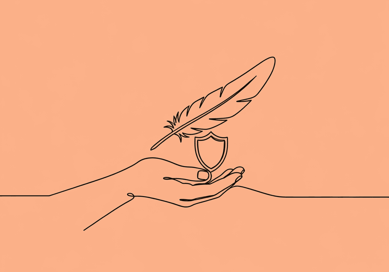FA Risk-Benefit Documentation Guide for BCBAs Minimalist line art of a hand gracefully balancing a feather and a shield, symbolizing FA risk-benefit documentation BCBA, highlighting careful assessment and protection in behavioral analysis decisions.