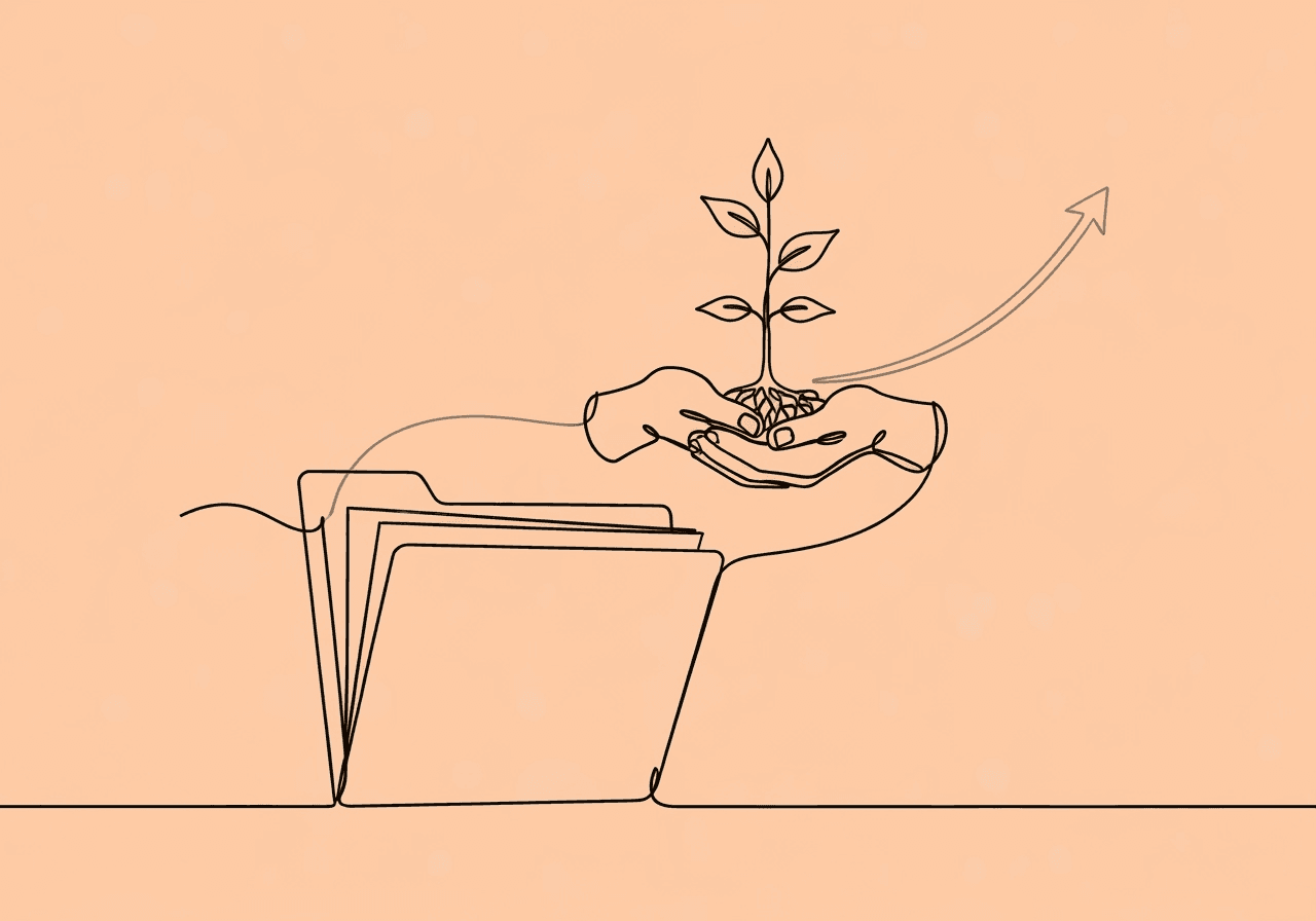 FCT Documentation Guide for BCBAs: Master Compliance Minimalist line art illustration for FCT documentation BCBA shows a folder becoming supportive hands nurturing a growing sapling, visually linking structured documentation to clinical progress in behavior analysis, tying in data-driven care.