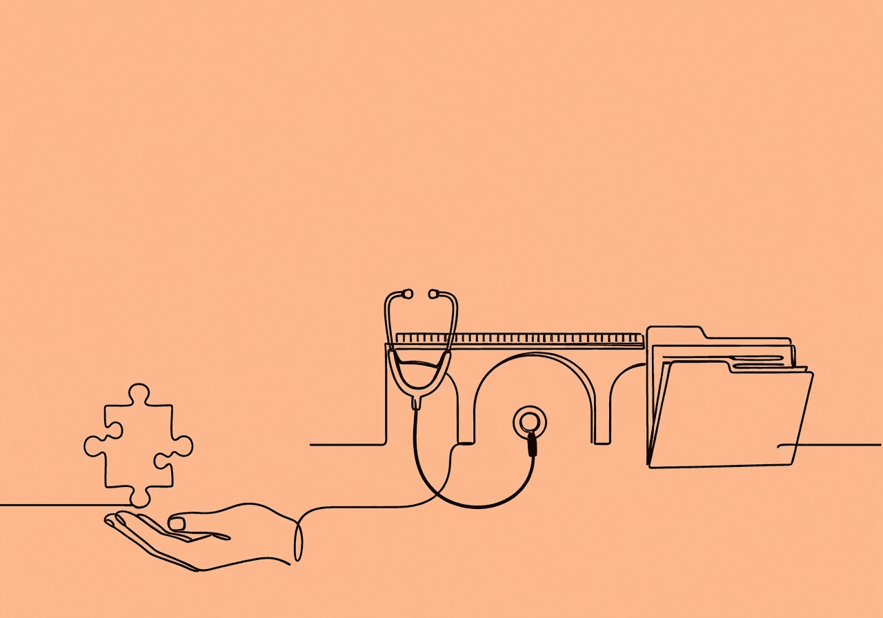 Florida Medicaid ABA 2025: SMMC Compliance Guide Minimalist line art on a pastel peach background illustrates Florida Medicaid ABA 2025 changes: an open hand holding a puzzle piece transitions into a bridge and a stethoscope, leading to a medical folder—symbolizing the step-by-step transition in ABA Medicaid documentation.