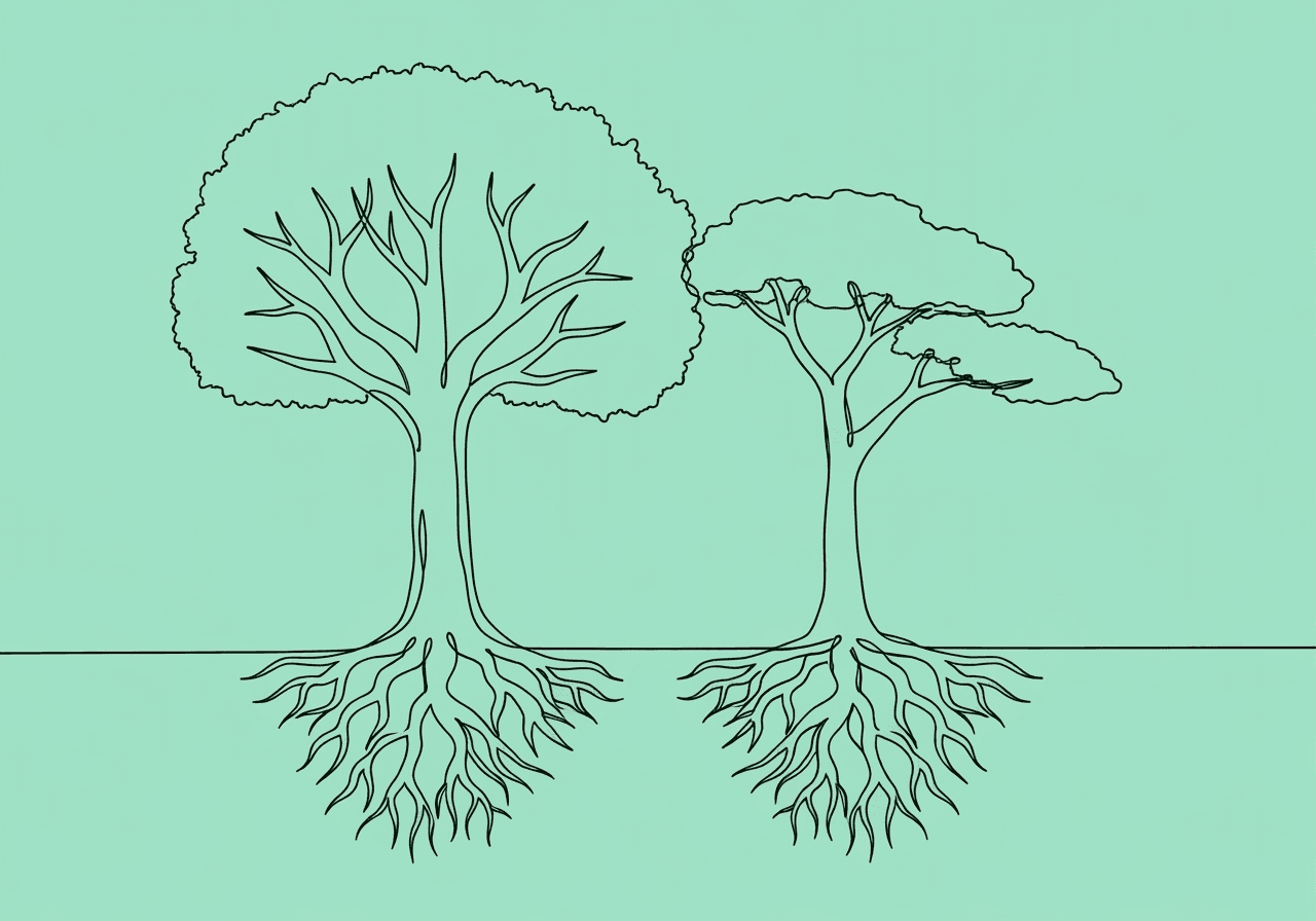 Focused vs Comprehensive ABA Documentation: BCBA Guide Minimalist line art illustration of two stylistically different trees, representing focused vs comprehensive ABA documentation, with contrasting roots and canopies to illustrate the core differences between each service model.