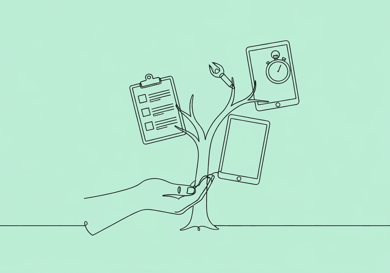 Top 10 Free ABA Documentation Tools for RBTs Minimalist line art showing a hand holding a branching tree with caregiving objects like a clipboard and tablet, symbolizing ABA documentation tools RBTs use for efficient, compassionate support. Ideal featured image for best RBT tools blog.