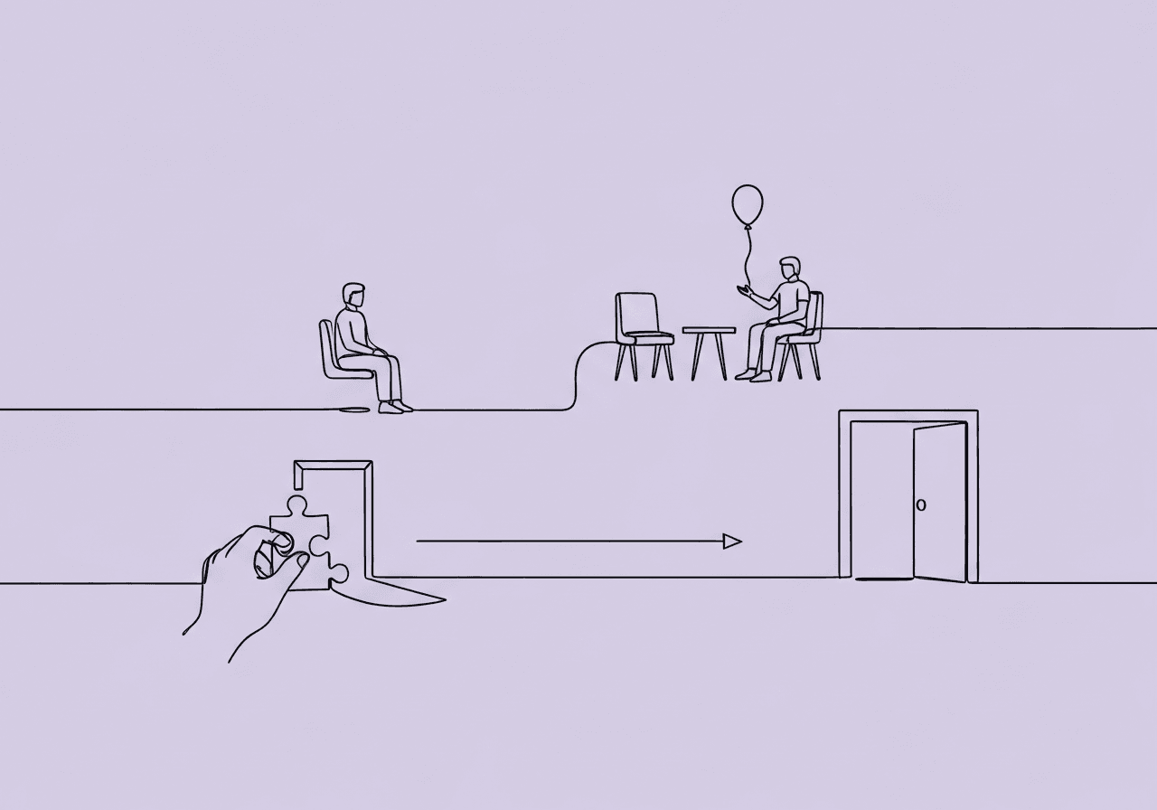 Functional Analysis Conditions Glossary for BCBAs Minimalist line art illustration depicting the core Functional Analysis conditions glossary: a hand placing a puzzle piece, two chairs for observation, and a solitary figure with a balloon, visually summarizing key FA terms for BCBAs.