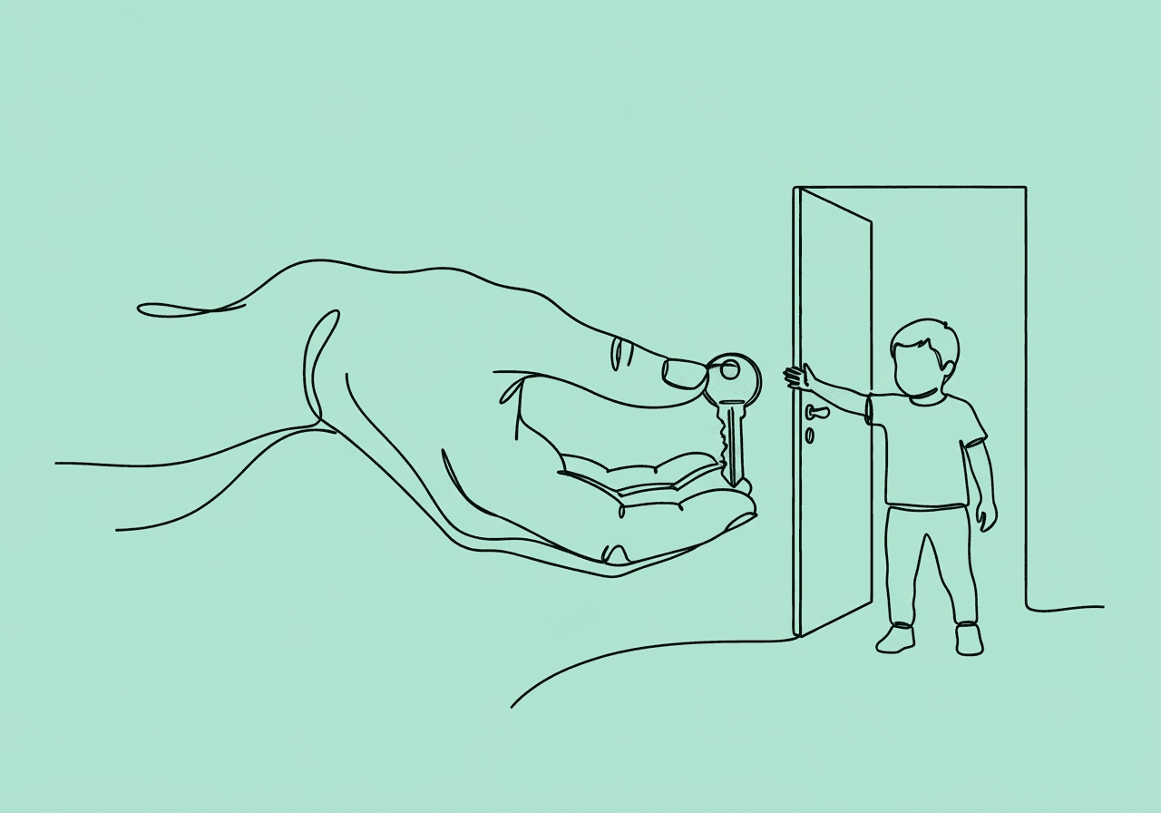 Functional Equivalent Replacement Behavior Beginner Guide Minimalist line art of an adult hand offering a key to a child near a door, symbolizing functional equivalent replacement behavior beginner support in ABA practice for RBTs and parents.