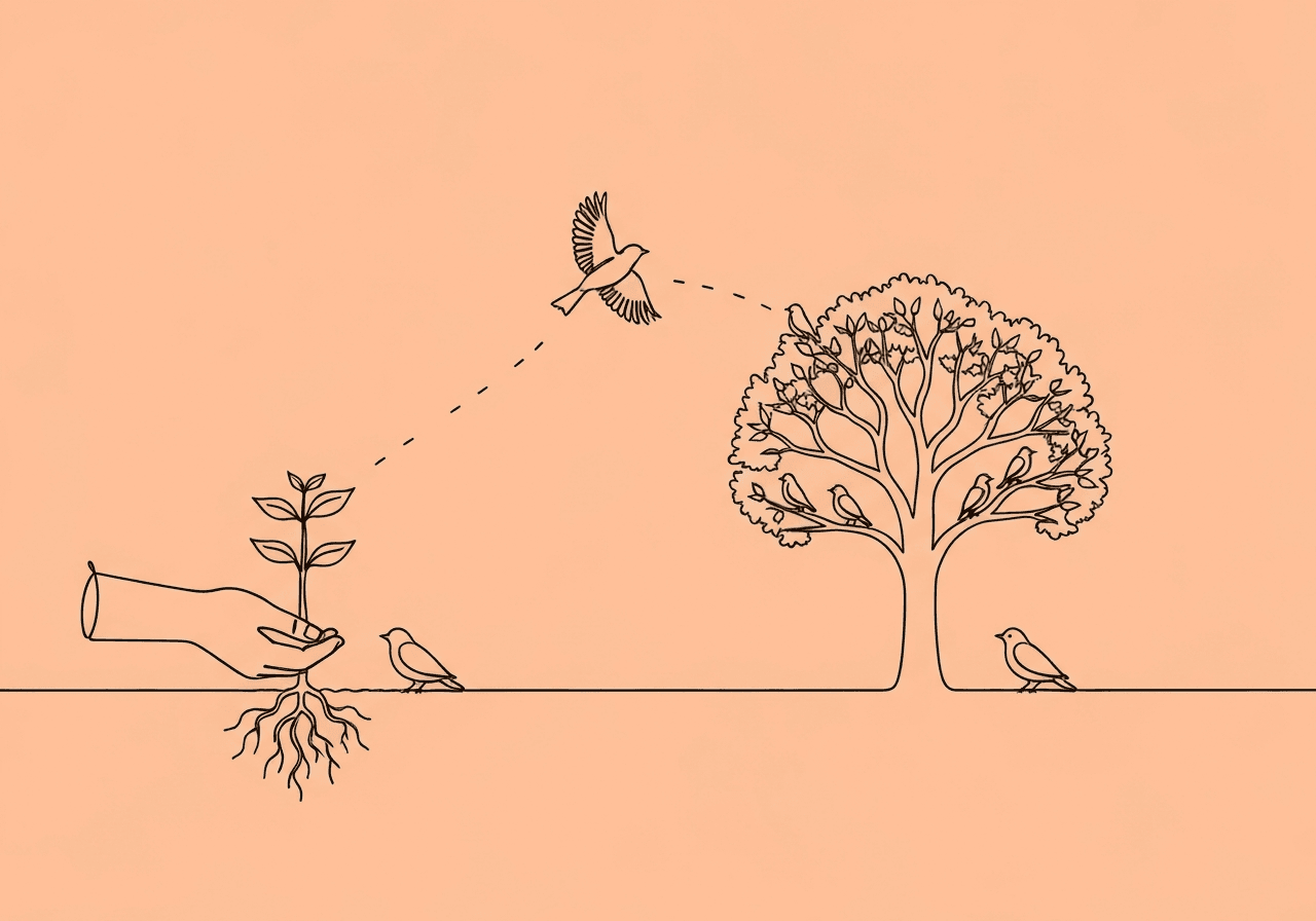 Generalization vs Maintenance Data: BCBA Guide Minimalist line art of a hand planting a sapling that grows into a mature tree with birds perched and one flying away, metaphorically illustrating generalization vs maintenance data strategies for BCBAs.