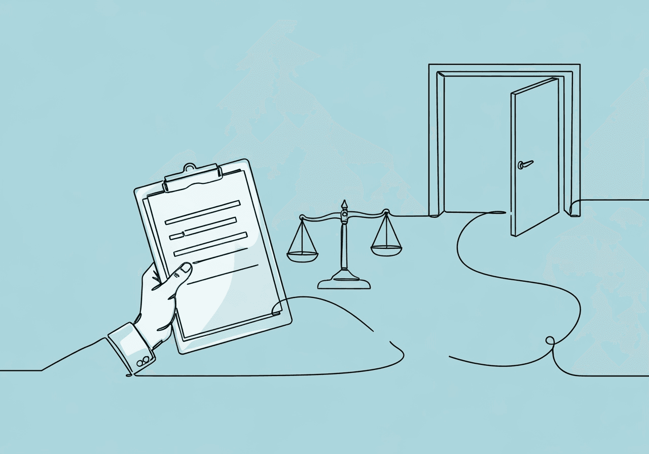 Good Faith Estimate ABA: No Surprises Act Guide Minimalist line art shows a hand holding forms on a clipboard, a subtle balance scale, and an open door, symbolizing transparency, fairness, and compliance with Good Faith Estimate ABA documentation guidelines.