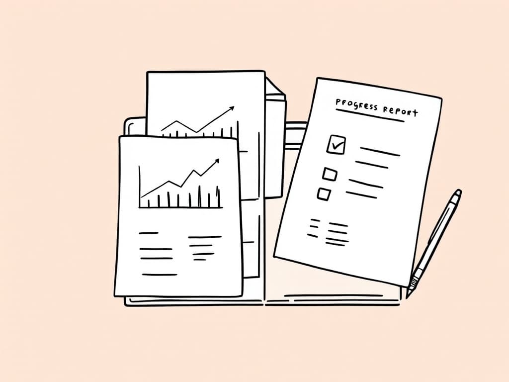 Guide to ABA Progress Reports for Insurance Reauthorization Illustration of an organized ABA progress report for insurance reauthorization, highlighting key sections like goals status, data graphs, and service plans for effective therapy documentation