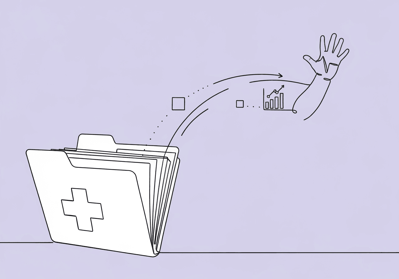 Master High-Intensity ABA Documentation for Payers Minimalist line art on pastel lavender background depicts a medical file connecting by a lifeline to a reaching child’s hand, symbolizing high-intensity ABA documentation and its impact. Visualizes progress and careful record-keeping.