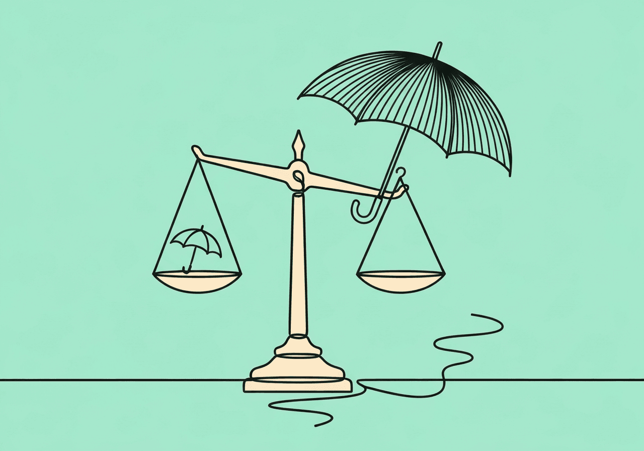 Master High-Intensity ABA LMN Documentation for BCBAs Minimalist line art of a balancing scale with a small closed umbrella on one side and a large open umbrella on the other, visually representing the justification process for high-intensity ABA LMN by contrasting support levels. Ideal for a blog about clinical documentation strategies.