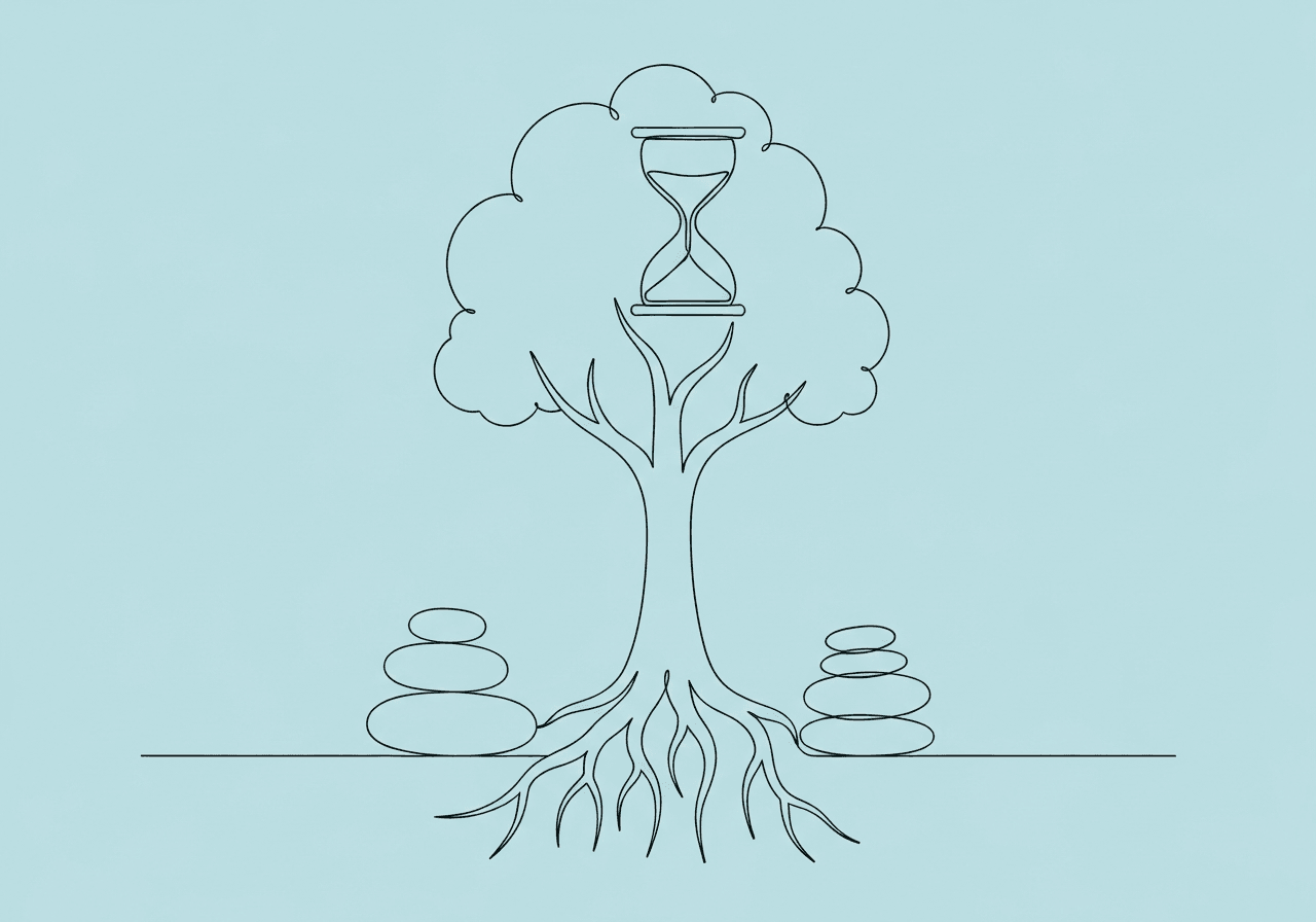 High-Intensity ABA Justification: Medical Necessity Guide Minimalist line art of a sturdy tree with three strong roots anchoring smooth pebbles, symbolizing data tiers for high-intensity ABA justification. An hourglass in the branches evokes ongoing documentation and payer scrutiny in ABA services.