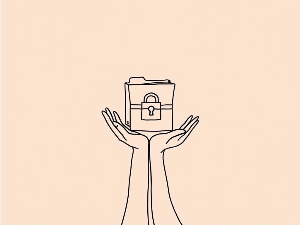 HIPAA Compliance ABA Documentation Guide for Clinics Minimalist line art of open hands gently supporting a locked file folder, representing HIPAA compliance ABA documentation through the protective handling and secure storage of client records in ABA clinics.
