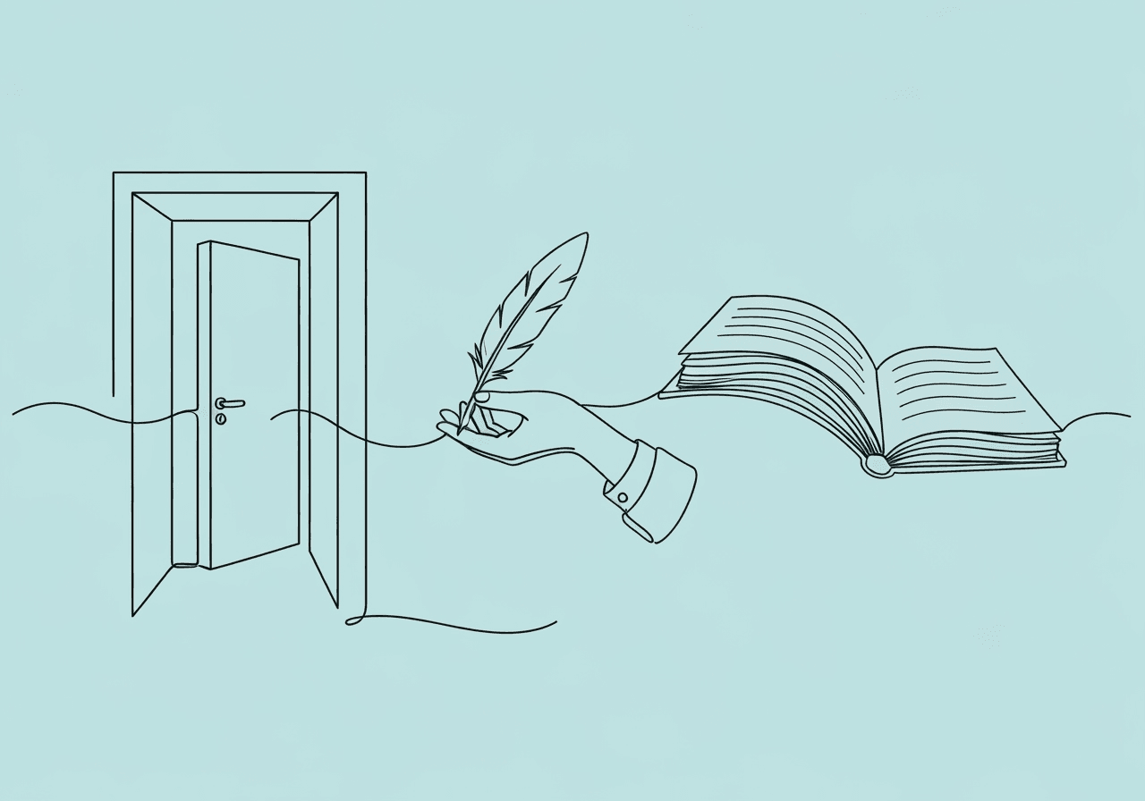Home Feedback for ABA Team: Essential Parent Guide Minimalist line art showing a hand offering a feather quill from a home doorway to an open notebook, capturing home feedback for ABA team communication and collaboration.