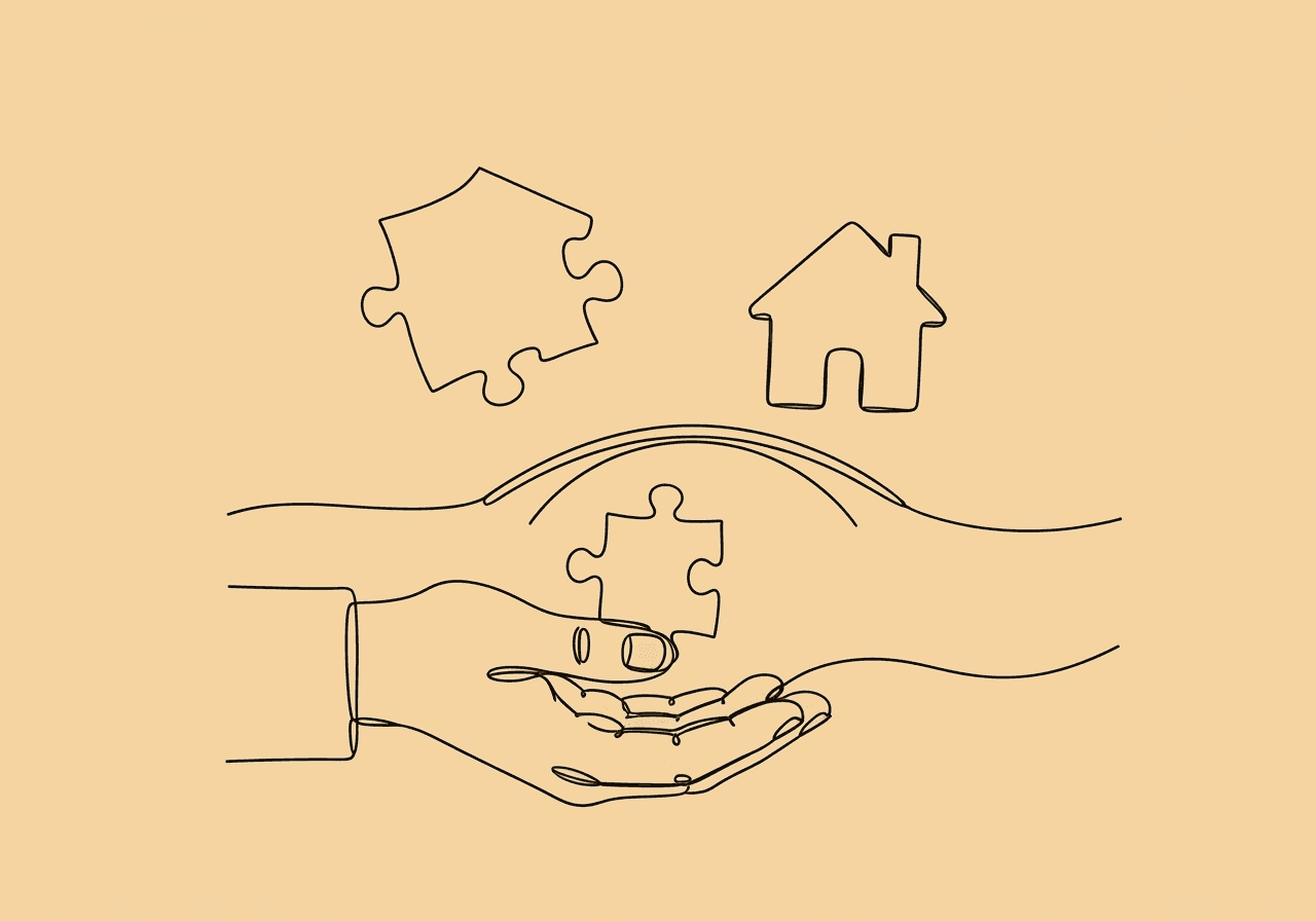 IEP and ABA Goals for Parents: School Advocacy Guide Minimalist line art shows a parent's hand holding a puzzle piece, with school and home pieces ready to connect above—a visual metaphor for IEP and ABA goals for parents.