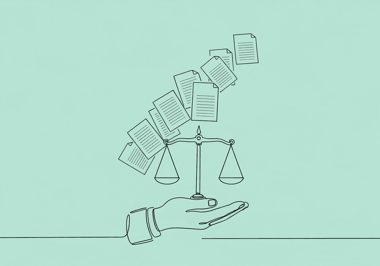 Independent Contractor BCBA Documentation Essentials Minimalist line art shows a hand holding balanced scales with seven floating documents above, representing independent contractor BCBA documentation essentials needed to avoid IRS audit risk.