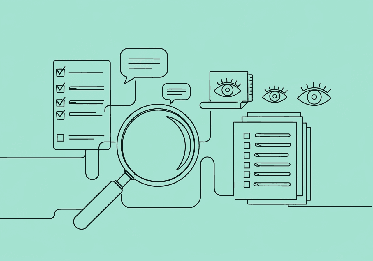 Indirect vs Descriptive Assessment Documentation in FBA Line art shows a magnifying glass dividing a path into indirect and descriptive assessment documentation elements, illustrating the core of indirect vs descriptive assessment documentation for BCBA practice.
