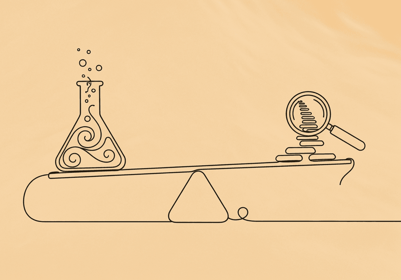 Inferential Statistics for ABA BCBA Exam Success Minimalist line art illustration for Inferential Statistics ABA BCBA: a seesaw balances a beaker with swirling patterns and a magnifying glass inspecting stepping stones, representing the balance between inferential statistics and visual analysis in ABA practice.