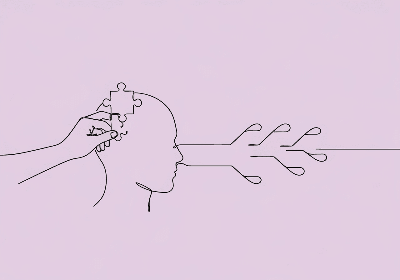 How to Write an Insurance-Ready Behavior Intervention Plan (BIP): A BCBA's Documentation Guide Minimalist line art illustration of a hand fitting a puzzle piece into a human head, with branching lines suggesting intervention strategies—visually conveying BCBA Behavior Intervention Plan documentation and its thoughtful, personalized approach.