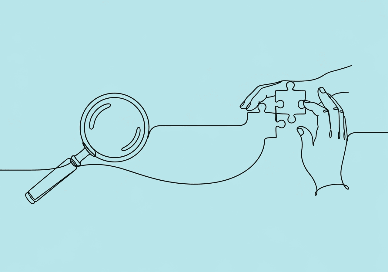 Internal Validity vs Procedural Fidelity in ABA Minimalist line art shows a magnifying glass examining a winding path that connects to hands assembling puzzle pieces, symbolizing the distinction between internal validity and procedural fidelity in ABA therapy for the blog’s keyword focus.