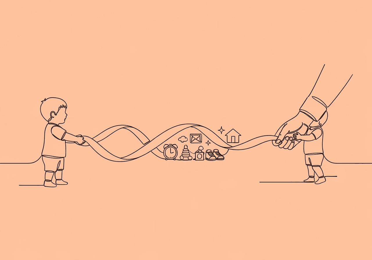 ABA Session Data for Parents: Unlock and Interpret Minimalist line art shows a parent and child connected by a flowing ribbon transforming into household objects, symbolizing ABA session data for parents turning therapy insights into practical home success.