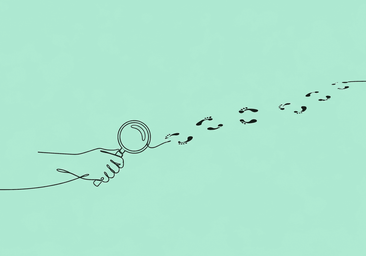 IOA to Detect Observer Drift: BCBA Exam Guide Minimalist line art of two hands collaboratively holding a magnifying glass over fading footprints, visually representing IOA to detect observer drift in data collection, echoing the theme of careful observation and data integrity.