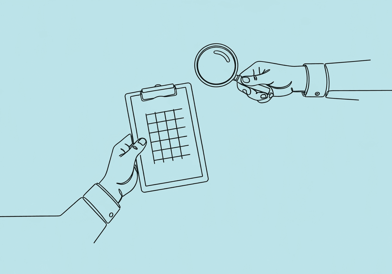 Master IOA Formulas and Methods for Data Integrity Minimalist line art of two hands exchanging a magnifying glass over a clipboard with a grid, visually representing IOA formulas and methods in the context of behavioral data integrity.