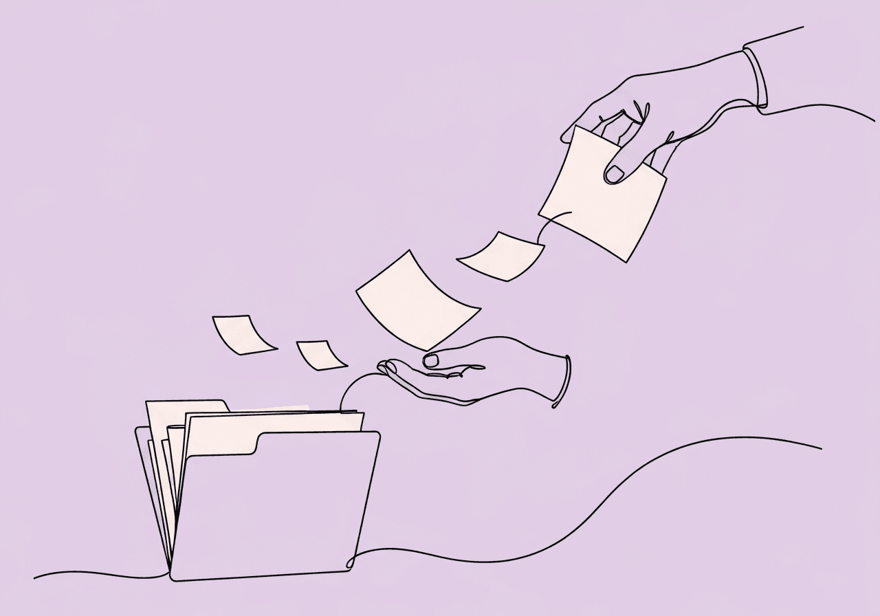 Lost ABA Paper Records Documentation Protocol Minimalist line art shows papers escaping from a folder and being caught by careful hands, symbolizing lost ABA paper records documentation and the diligent process of compliance and recovery after documentation loss.