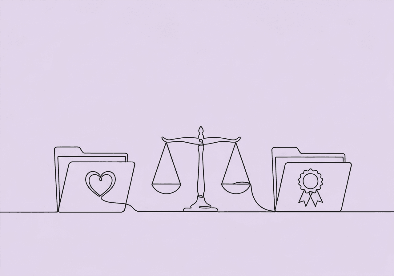 Mandated Reporting vs Self-Reporting for BCBAs Minimalist line art illustration for 'Mandated Reporting vs Self-Reporting BCBA,' depicting two separate folders linked by a set of balanced scales, symbolizing legal and professional reporting decisions for BCBAs. Visualizes the documentation balance central to the topic.