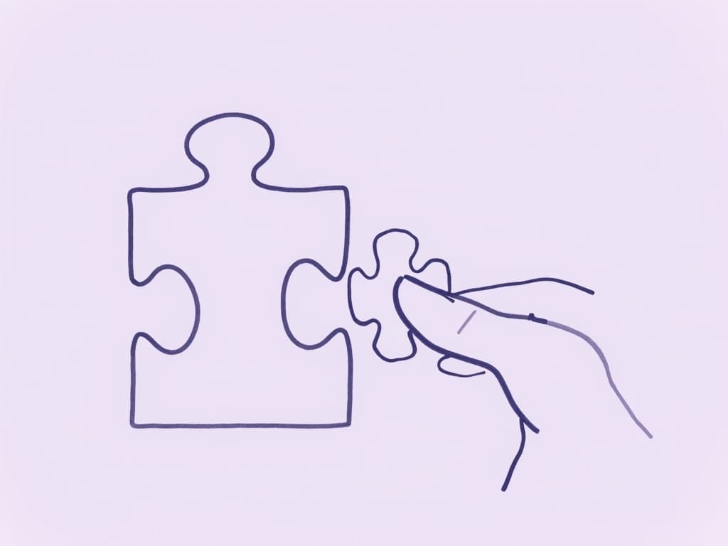 Master ABA Medical Necessity Documentation: Avoid Denials Minimalist line art of a hand placing a puzzle piece into a larger puzzle, with subtle outlines forming a child and caregiver, representing the careful assembly and human focus in ABA medical necessity documentation.