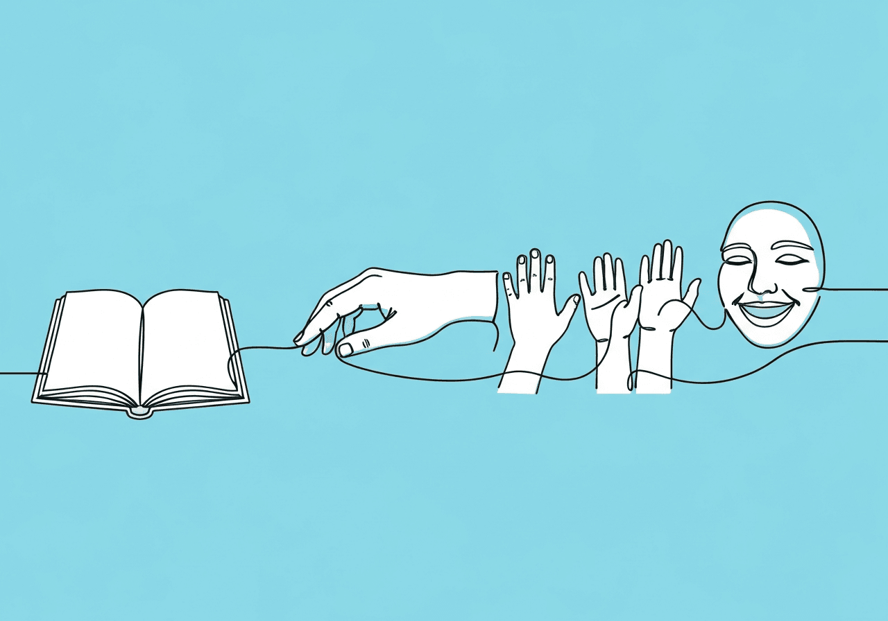 BCBA Behavioral Skills Training: Master BST Components Minimalist line art on a pastel blue background visualizes BCBA Behavioral Skills Training as an open book leading into guiding hands and a smiling face, illustrating stepwise learning and feedback in behavioral skills training.