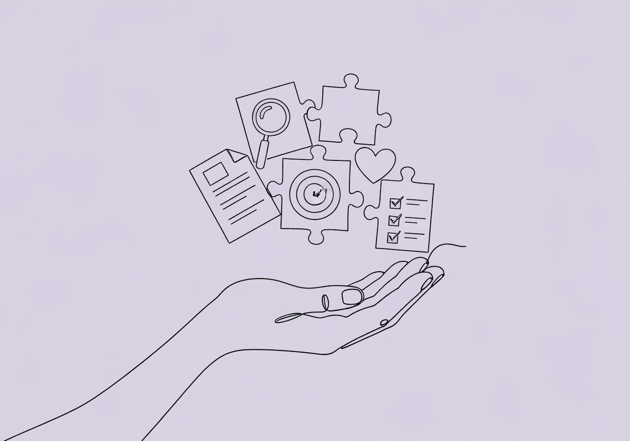 Master BCBA Initial Assessment Reports in 5 Steps Minimalist line art showing a single hand offering five unique puzzle pieces, visually representing the steps of a BCBA Initial Assessment Report. Each puzzle piece hints at essential stages in creating insurance-ready, comprehensive assessment documentation.