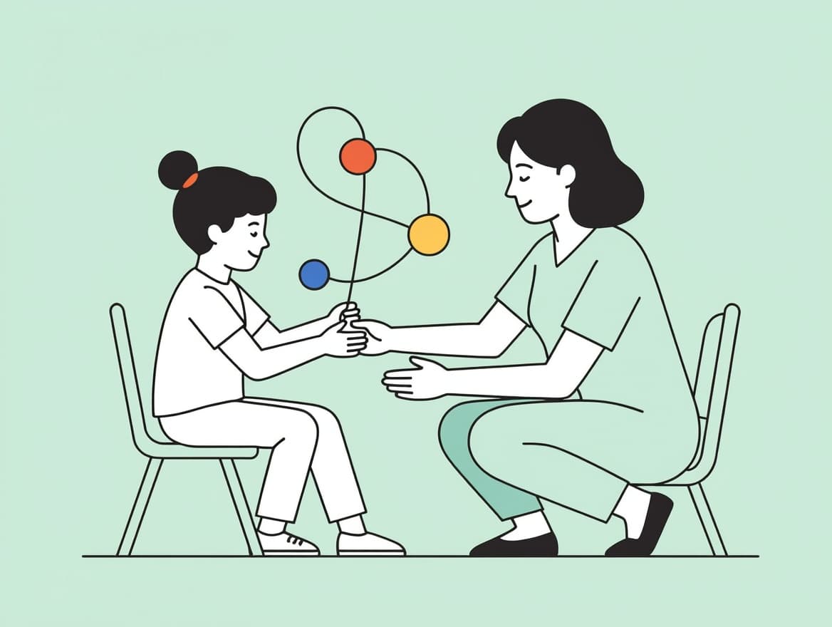 Master CPT 97155 Docs: Template & Tips for BCBAs Line art illustration of a woman therapist assisting a child in adaptive behavior session, highlighting CPT 97155 documentation requirements.