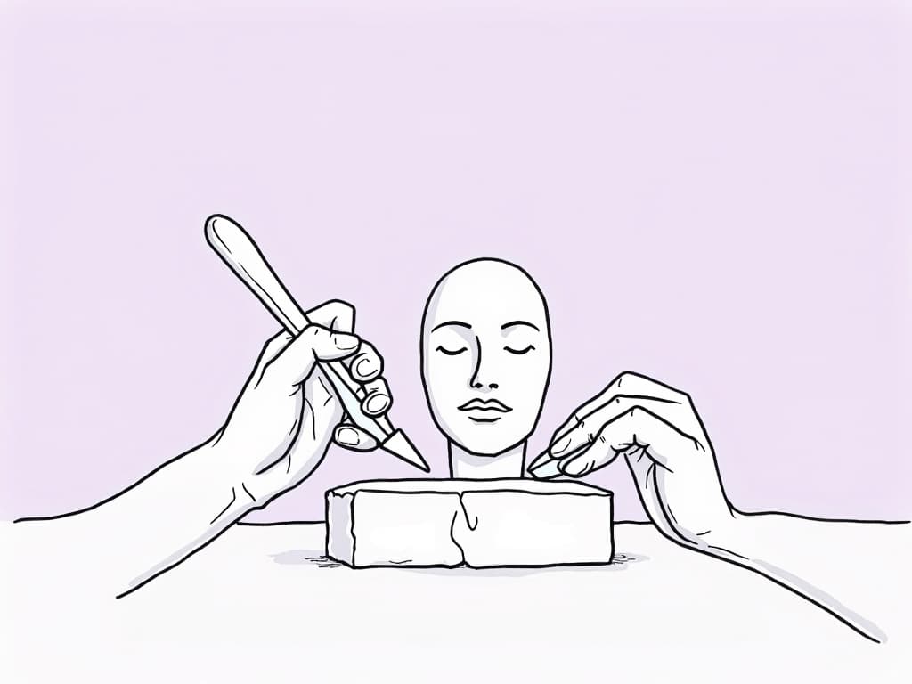 Master RBT Behavior Reduction for Exam Success Minimalist line art of hands sculpting a calm face from marble, illustrating RBT behavior reduction as a careful, transformative process for 2025 exam success.