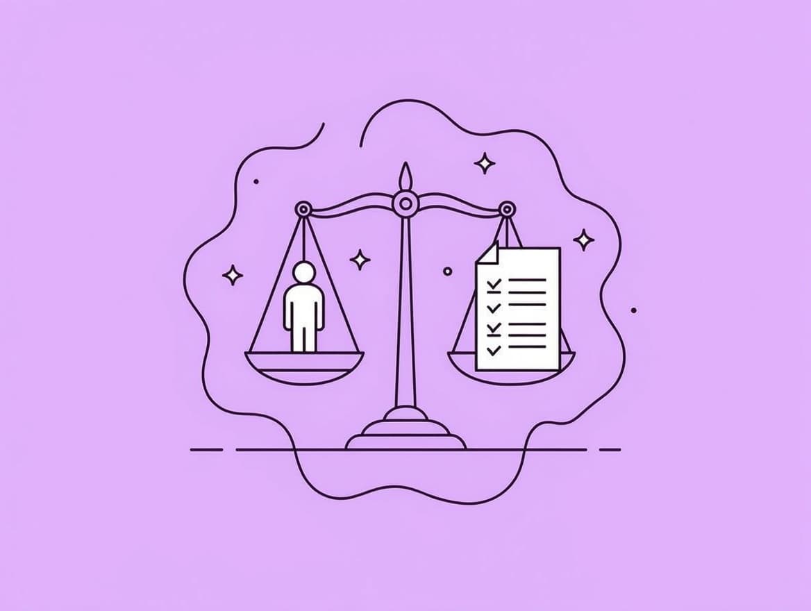 Master RBT Ethics Code 2.0: Exam Scenarios & Tips Minimalistic line art depicting balanced scales with a human figure on one side and a document with checkmarks on the other, symbolizing the ethical decision-making and core principles in the RBT ethics code 2.0, on a pastel lavender background.