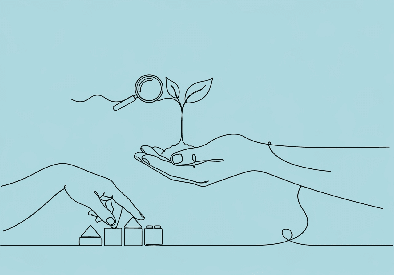Maximize ABA Parent Training: Tips for Families Minimalist line art illustrating a parent’s hand nurturing a sapling and guiding toy blocks, capturing the essence of maximize ABA parent training by symbolizing growth, active participation, and guidance in family sessions.