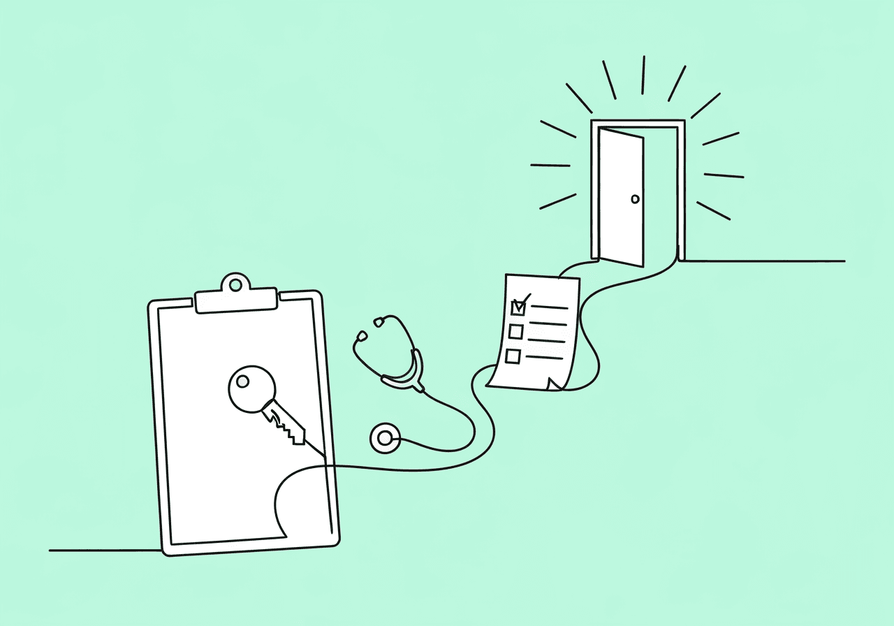 Medicaid ABA Compliance Checklist for BCBAs Minimalist line art of a clipboard transforming into a path with medical and checklist elements, representing a Medicaid ABA documentation compliance checklist and proactive audit-proof strategies for BCBAs and RBTs.