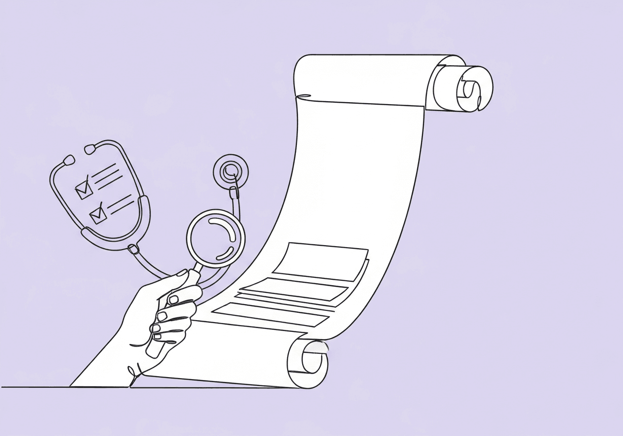 Medicaid ABA Reassessment: Step-by-Step Checklist for BCBAs Minimalist line art shows a hand holding a magnifying glass over an unfurling scroll, representing the Medicaid ABA reassessment process with meticulous review and clinical care in mind.